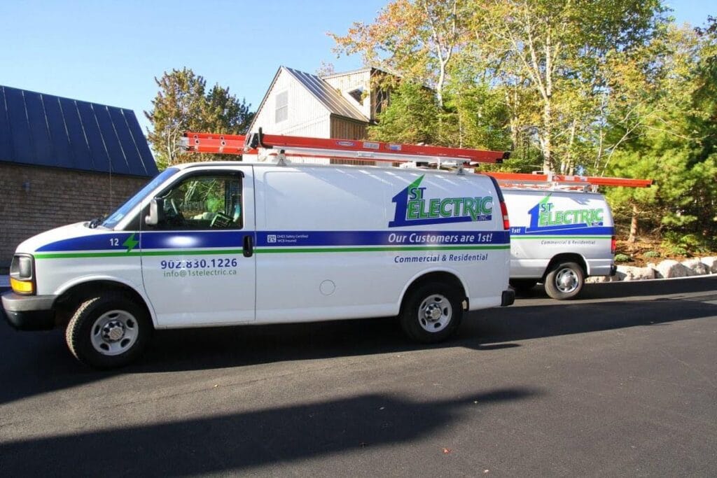branded vans of 1st electric, one of the best electricians in Halifax and Nova Scotia