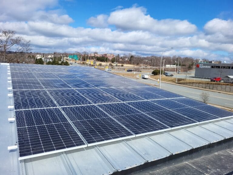 Solar panels installed on a commercial building in Nova Scotia